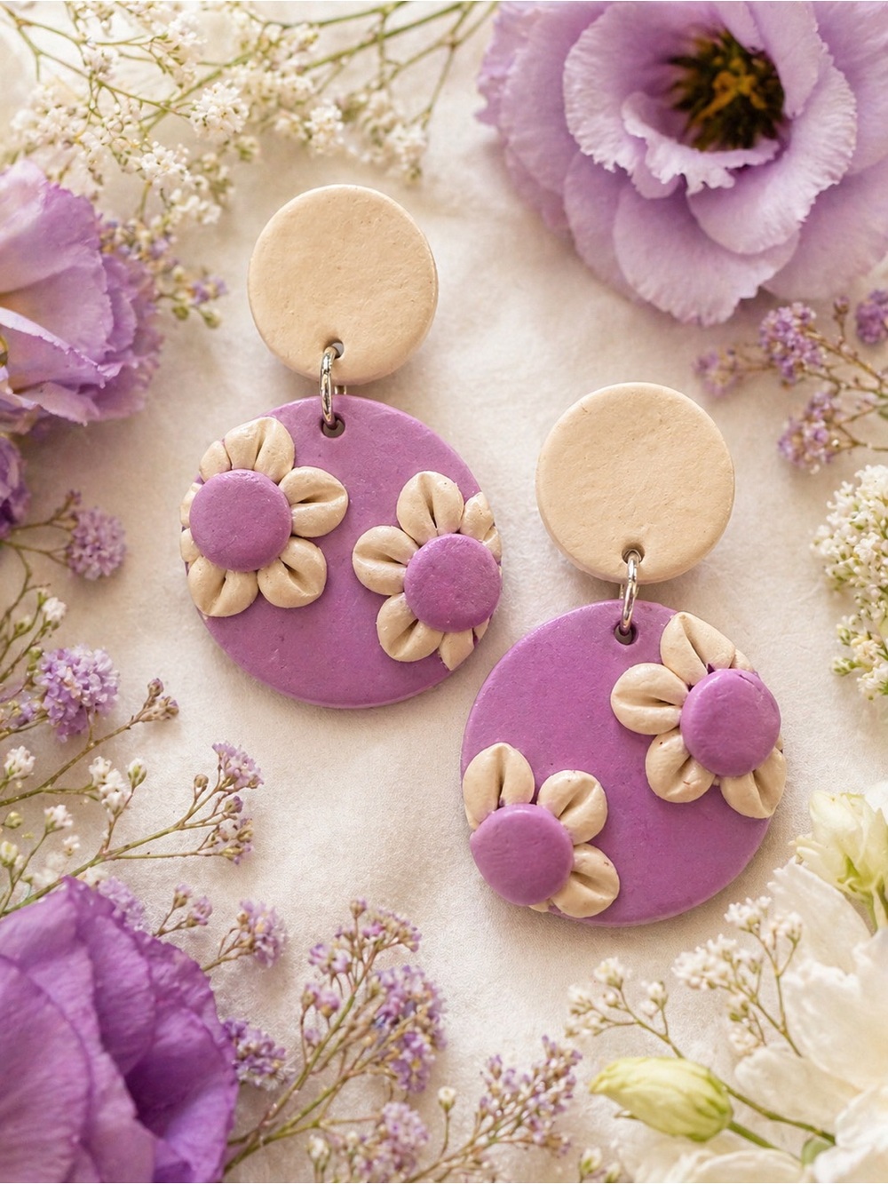 Handmade Purple Daisy Drop Handmade Polymer Clay Earrings